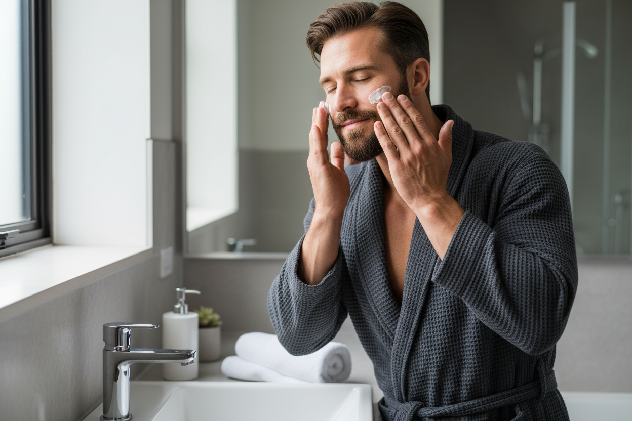 masculine man applying skin cream